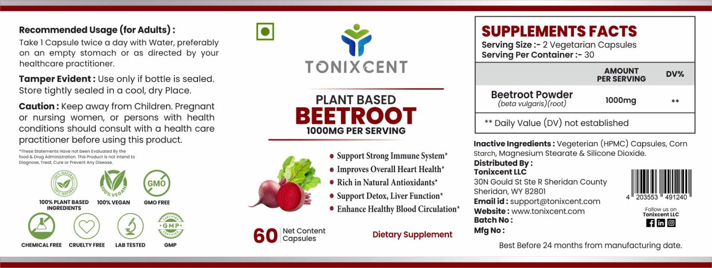 TONIXCENT Glucoroot Flow Blend | Bitter Melon 1200mg + Beetroot 1000mg Capsules Combo | Supports Blood Sugar, Heart Health & Digestion | Rich in Nitrates & Antioxidants | 2 x 60 Capsules each