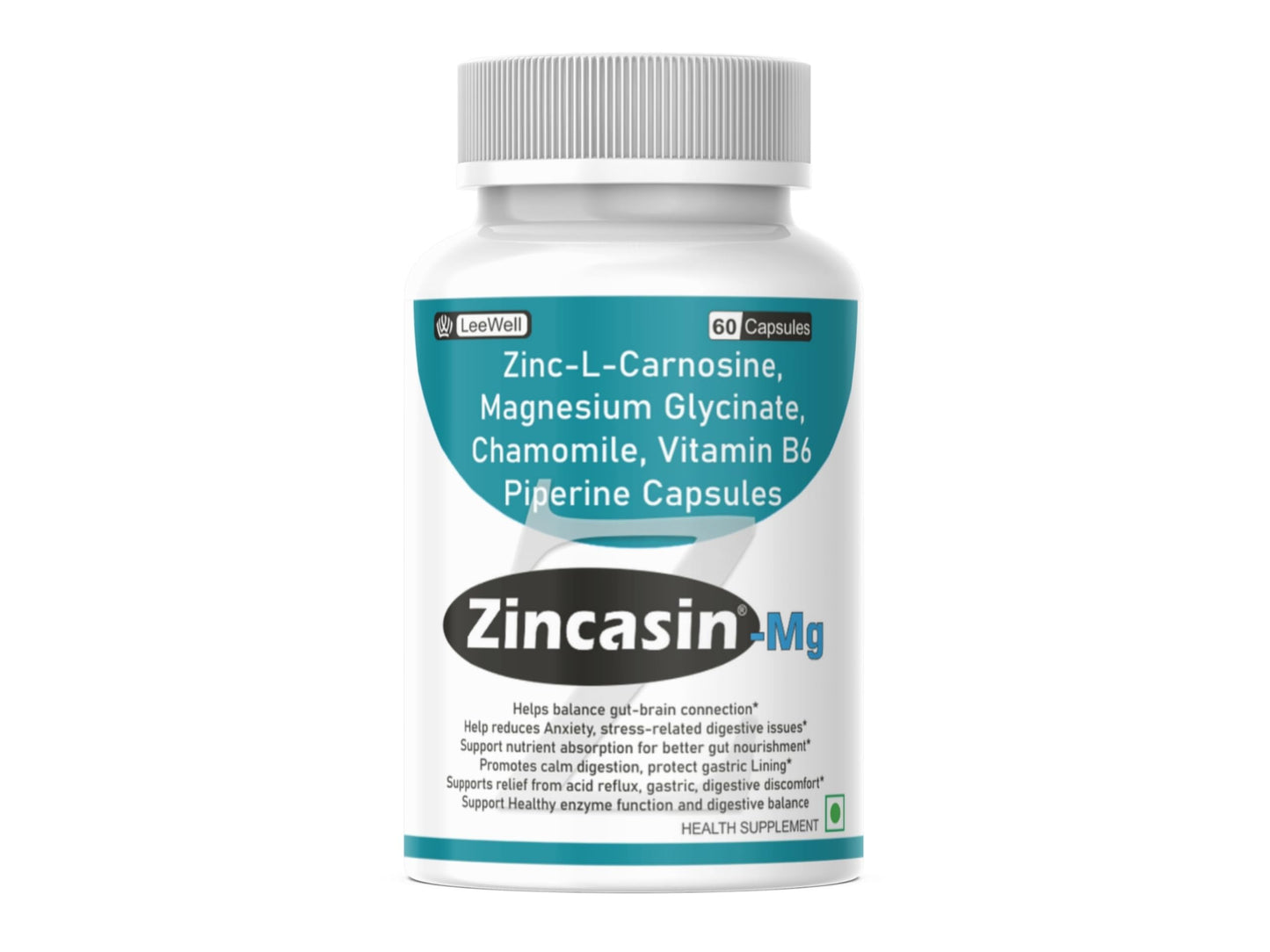 Zincasin -Mg with Zinc Carnosine, Magnesium glycinate, Chamomile, Vitamin B6 & Piperine | Leaky Gut | Digestive & Stress Support | Gut Soothing & Relaxation Support Supplement – 60 Capsules
