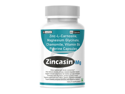 Zincasin -Mg with Zinc Carnosine, Magnesium glycinate, Chamomile, Vitamin B6 & Piperine | Leaky Gut | Digestive & Stress Support | Gut Soothing & Relaxation Support Supplement – 60 Capsules