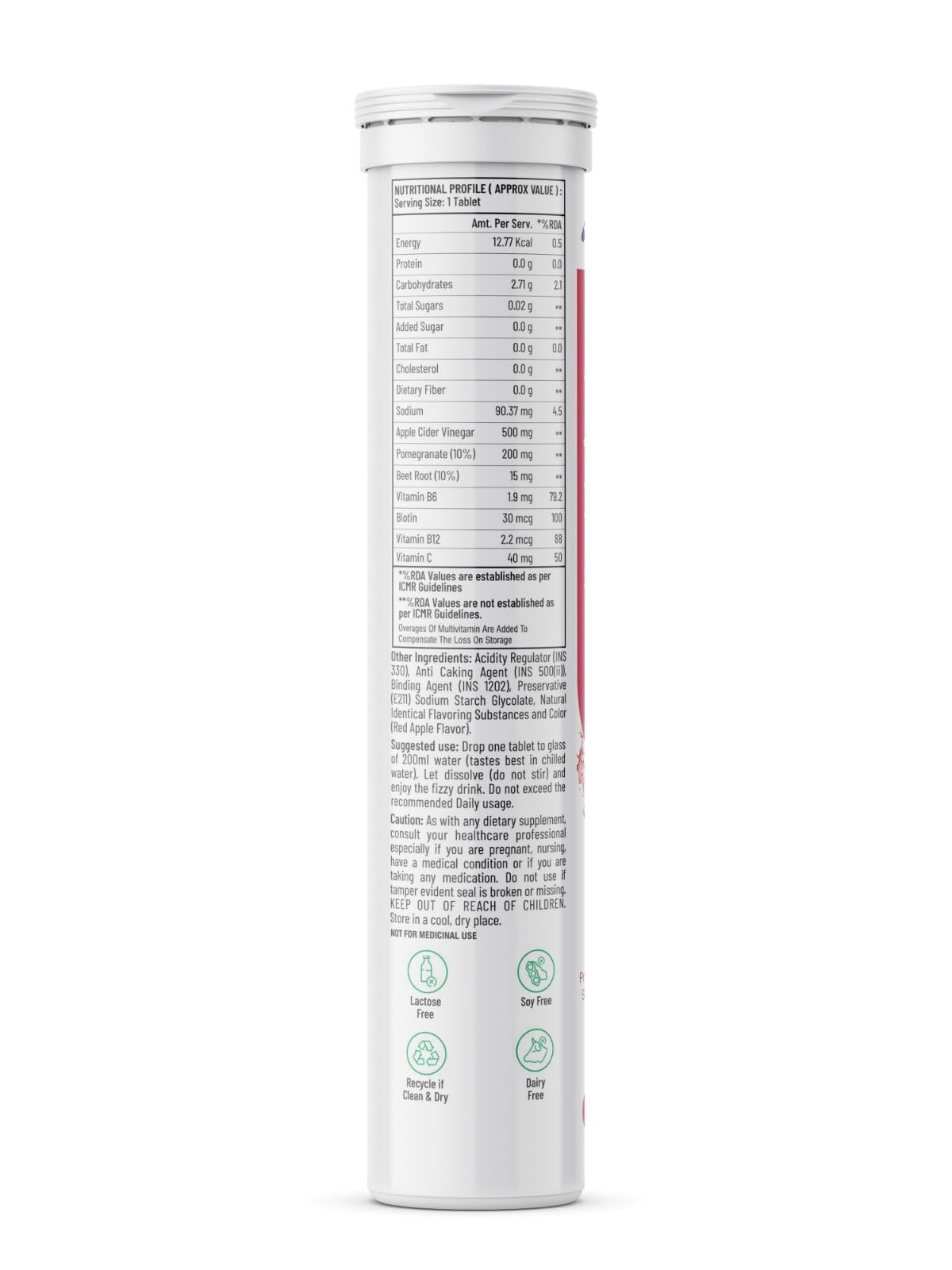 Abheda Healthcare Apple Cider Vinegar Effervescent Tablets - 500mg | ACV with Pomegranate, Beet Root & B-Vitamin | Supports Weight Management & Metabolism | 20 Tablet - Pack Of 1