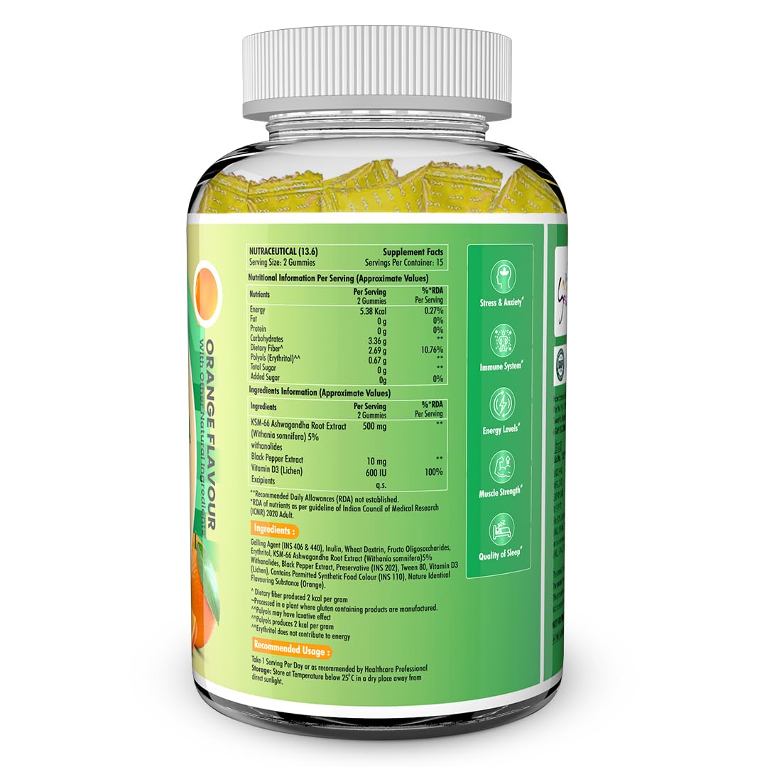 NATURYZ Clinically Researched KSM 66 Ashwagandha 500mg Gummies with Vitamin D3 | Strength, Energy, Immunity, Power & Stamina | Relax, Refresh Mind & Body | No Added Sugar | Gluten-Free, 30 Gummies(Orange Flavour)