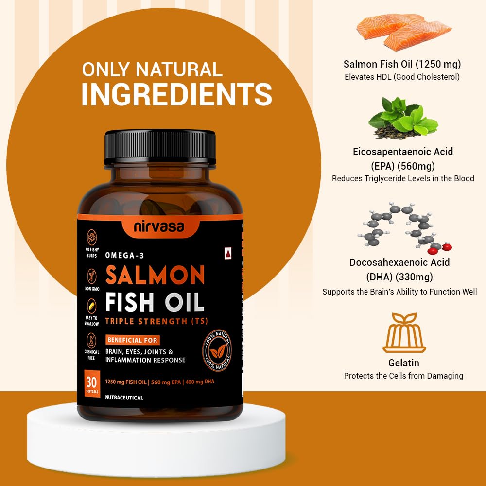 Nirvasa Omega 3 Salmon Fish Oil Softgel Capsules (Triple Strength) for Men & Women | 1250mg Salmon Fish Oil, 560mg EPA & 400mg DHA | No Fishy Burps | Supports Healthy Heart, Brain & Bones - 30 x 1 Cap