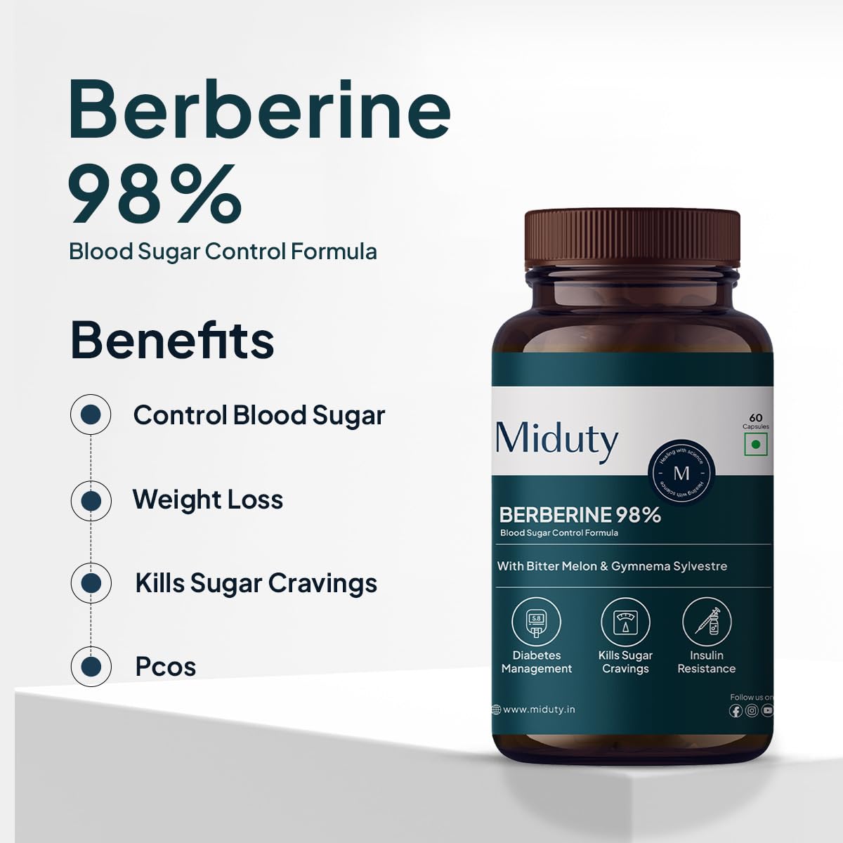 Miduty High Strength Berberine HCL 98% Triple Benefits of Blood Sugar C- image 6