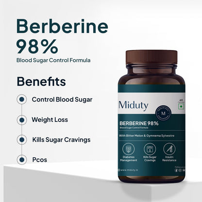 Miduty High Strength Berberine HCL 98% Triple Benefits of Blood Sugar C- image 6