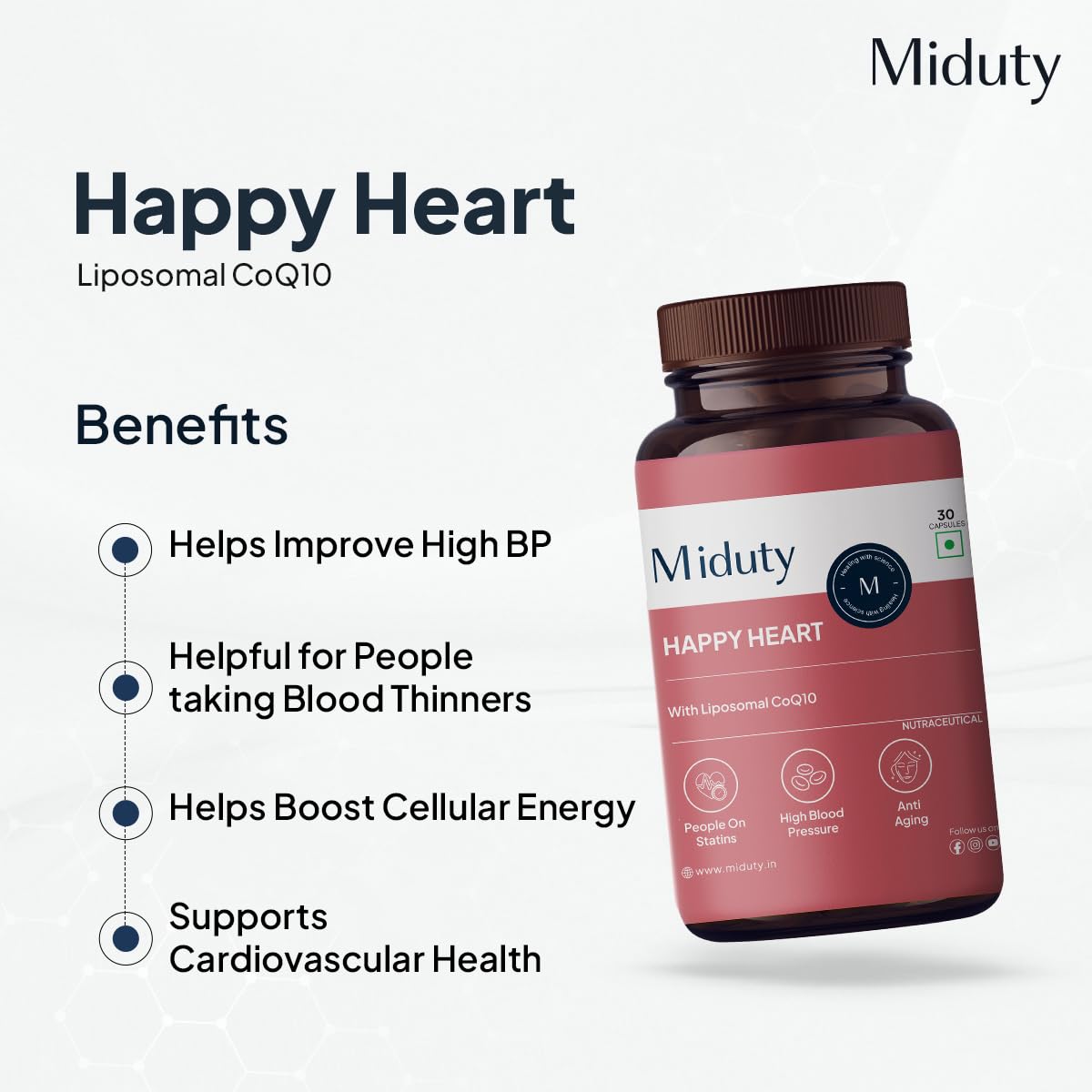 Miduty Happy Heart - Liposomal High Absorption CoQ10-300 mg With Methyl Folate, D-Chiro-Inositol, Magnesium | Helps in Blood Pressure Control & Heart Health Supplement - 30 Capsules