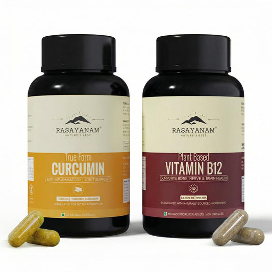 Rasayanam Curcumin + Plant-based Vitamin B12 Combo | 95% Curcuminoids, Piperine & Triple Turmeric Blend + Vegan B12 with 7 Superfoods | Supports Joint Mobility, Inflammation Balance, Energy, Focus & Nerve Health