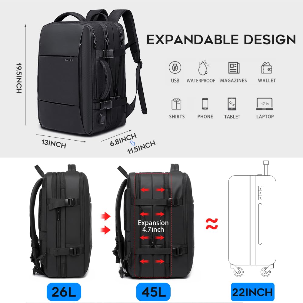 35-45L Carry On Backpack Weekender Travel Backpacks 17.3 inch Laptop Back Pack Business Expandable Bag for Men and Women, Black-45l, 45l, Backpack
