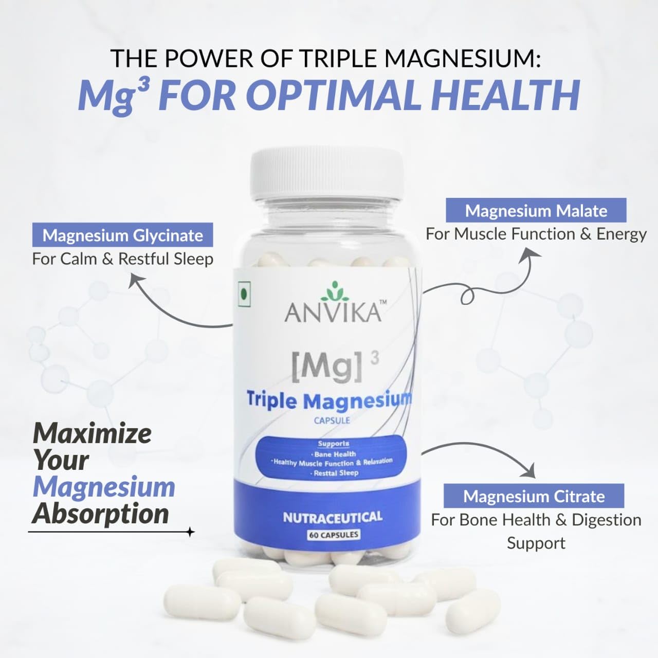 ANVIKA Triple Magnesium Complex 1000 mg Chelated Magnesium Glycinate, Citrate & Threonate | Mg³ Formula | 60 Capsules | Supports Bone Health, Muscle Relaxation & Restful Sleep | Nutraceutical Supplement for Men & Women (1)