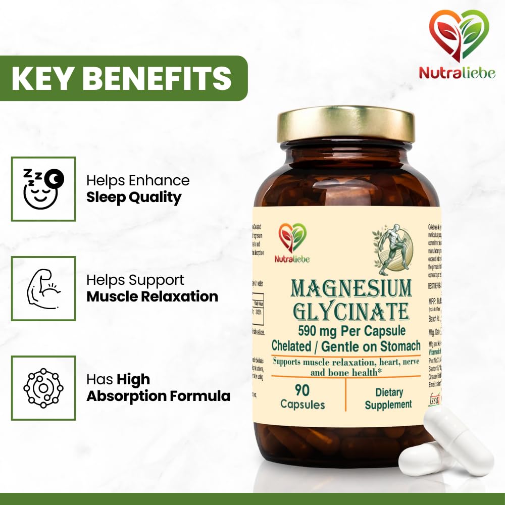 NutraLiebe Magnesium Glycinate Chelated - High Absorption - Supports Muscle Relaxation, Bone Health & Sleep - 90 Capsules (1)