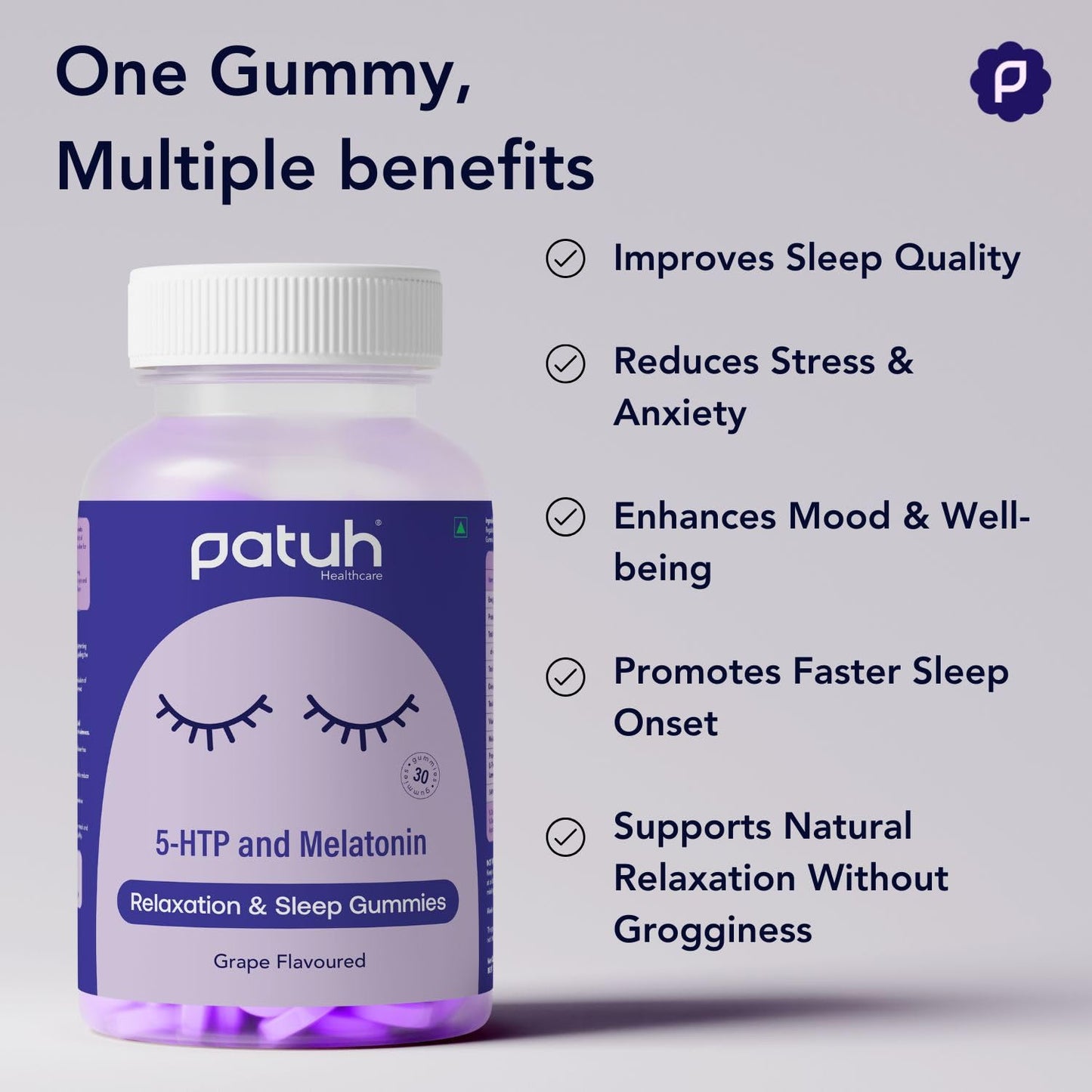 PATUH HEALTHCARE Sleep Support Gummies for Men & Women | 100% Vegetarian Formula With 5-HTP & Melatonin | Helps Relaxation & Deep Sleep | Grape Flavour Vegan Gummies | Pack of 1