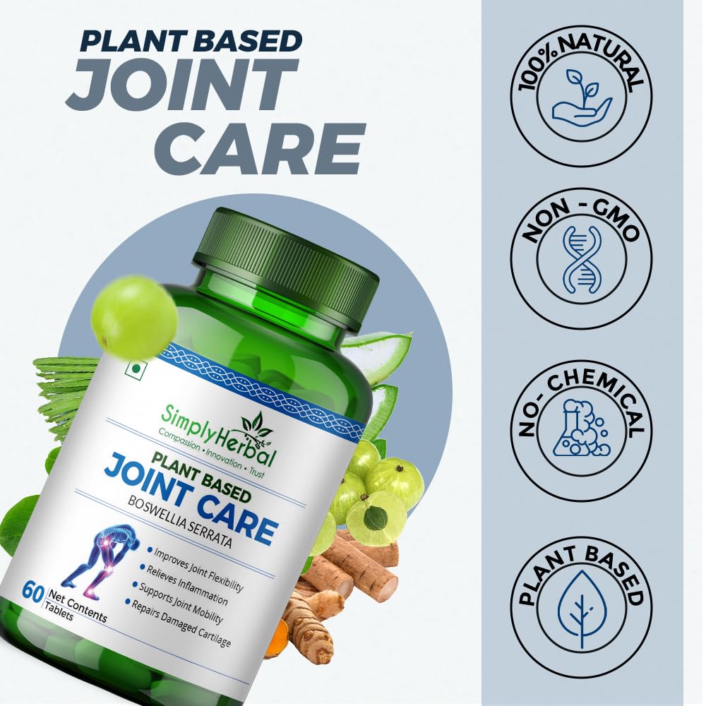 Simply Herbal Plant Based Joint Care Tablets for Joint Support, Strong Bones & Relives Joint Pain Supplement | Moringa, Boswellia Serrata, Eucalyptus, Green Amla, Green Turmeric, Alfalfa, Aloe Vera (60 Tablets)