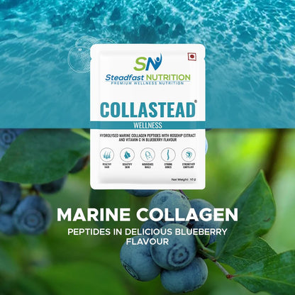 Steadfast Nutrition Collastead Collagen Powder|Natural Marine Collagen Boost Skin, Hair, Bones, Nail Health with Pure Collagen Peptides | Blueberry Flavour, 300g | 30 Sachets