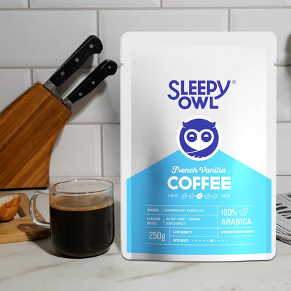 Sleepy Owl French Vanilla Ground Coffee for French Press | Medium Roast | 100% Arabica | Coarse Grind Coffee | Also Suitable for Cold Brewing | 250g | Directly Sourced From Chikmagalur