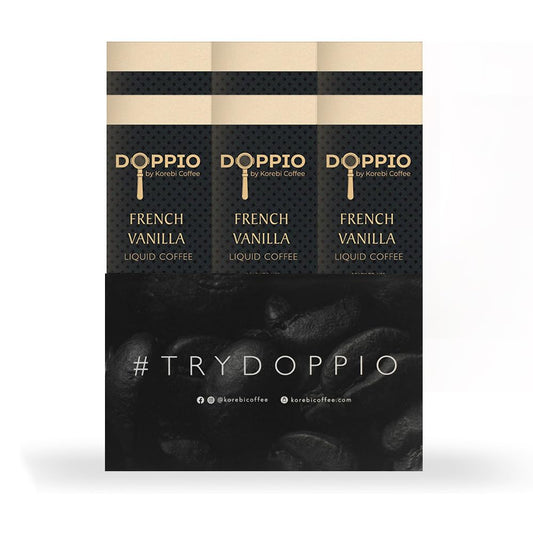 Korebi Coffee Doppio French Vanilla - Artisan Instant Liquid Coffee Concentrate | Premium 100% Arabica | Hot or Cold, With or Without Milk | 30 Ready-to-Use Instant Coffee Sachets (20 ML Each) | Smooth Vanilla Flavour | 6 Boxes (30 x 20 ML Sachets) (600 M
