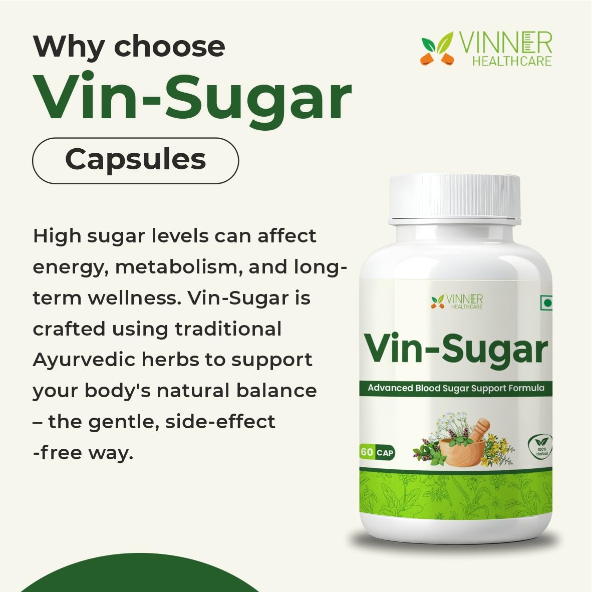 Vinner Healthcare Vin-Sugar Advanced Blood Sugar Support Formula, 60 Capsules, Ayurvedic Herbal Supplement (For both Men and Women)