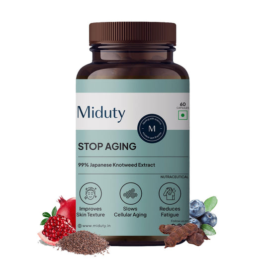 Miduty Stop Aging Trans Resveratol 250mg with Green Tea Leaf Extract 300mg | Quercetin, Bitter Orange & Pomegranate Fruit Extract | Powerful Antioxidant Formula | Anti Aging Supplement 60 Veg Capsules