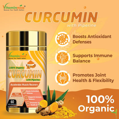 Vitaminnica Curcumin with Piperine with 95% Curcuminoids | Anti inflammatory Supplement for Adults | Supports Joint Health– 60 Veg Capsules