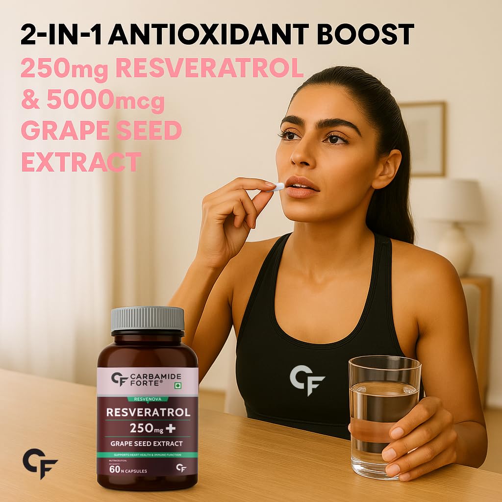 Carbamide Forte Resveratrol 250mg with Grape Seed Extract | Pharma Grade Resveratrol Supplements for Max Absorption - 60 Veg Capsules