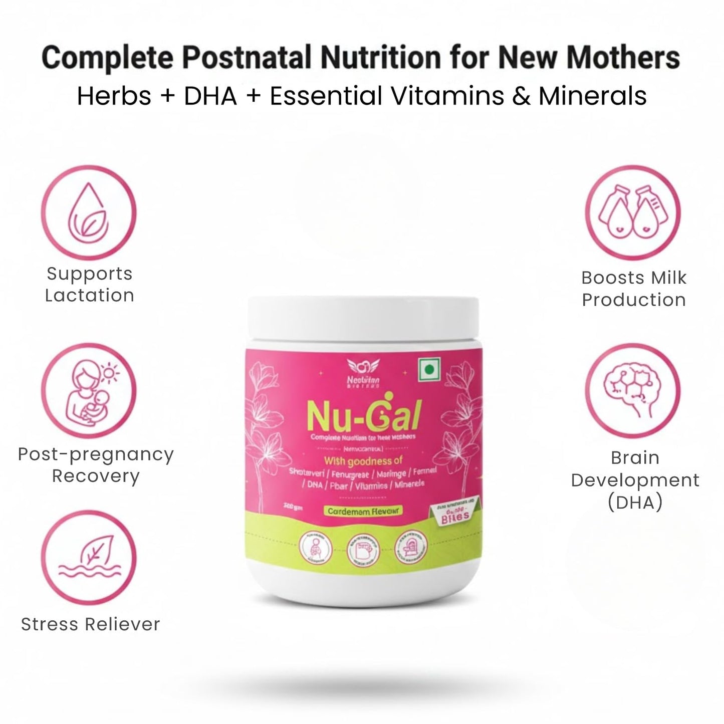 Nu-Gal Lactation Powder 200g | Postnatal Nutrition Drink for New Mothers | Blend of Shatavari, Fenugreek, Moringa, Fennel, DHA, Fiber, Vitamins & Minerals | No Added Sugar