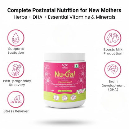 Nu-Gal Lactation Powder 200g | Postnatal Nutrition Drink for New Mothers | Blend of Shatavari, Fenugreek, Moringa, Fennel, DHA, Fiber, Vitamins & Minerals | No Added Sugar