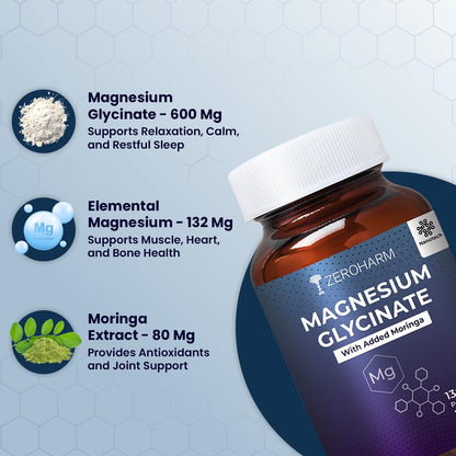 Magnesium Glycinate + Moringa Extract | 1360 mg Per Serving | Muscle, Sleep Support | Promotes Joint Mobility | No Additives, Preservatives for Men & Women | Nano Formulated 60 Capsules By ZEROHARM