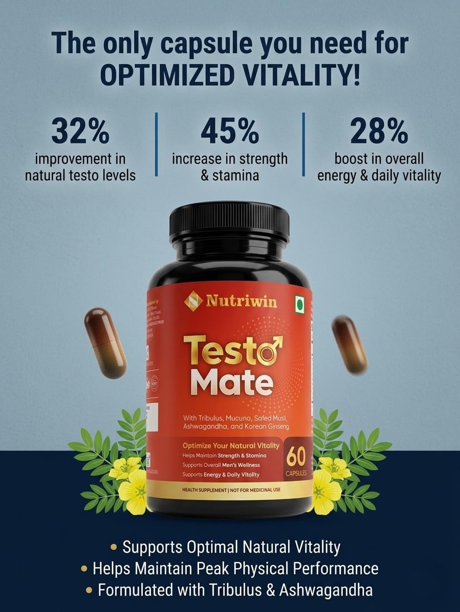 Nutriwin TestoMate Men’s Wellness Capsules with Tribulus, Mucuna, Safed Musli, Ashwagandha & Korean Ginseng | Herbal Daily Supplement for Active Lifestyle | 60 Capsules