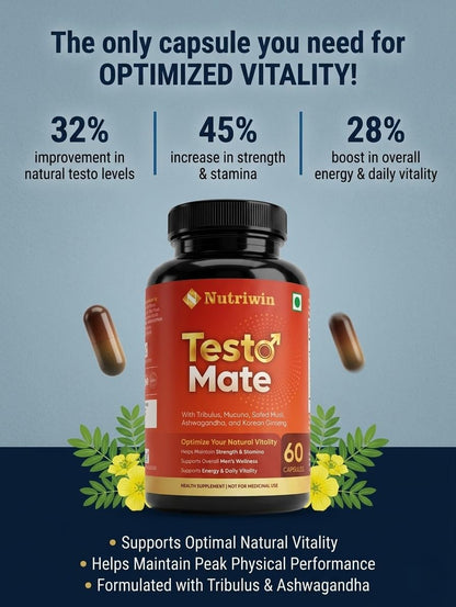 Nutriwin TestoMate Men’s Wellness Capsules with Tribulus, Mucuna, Safed Musli, Ashwagandha & Korean Ginseng | Herbal Daily Supplement for Active Lifestyle | 60 Capsules