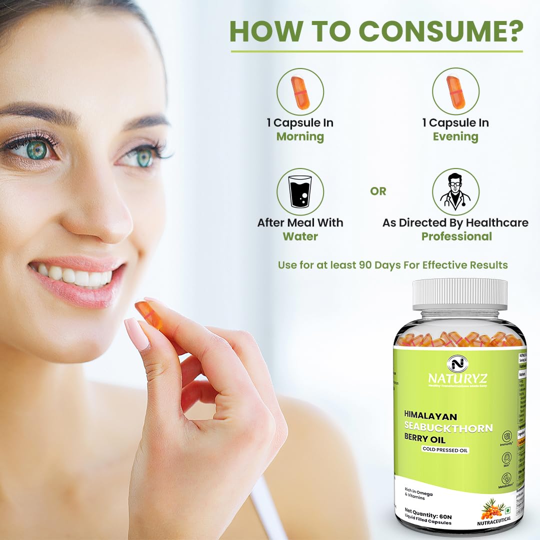 NATURYZ Himalayan Sea Buckthorn Berry Oil Triple Strength 1120mg | Liquid fill Technology for High Absorption & Bioavailability | Full Spectrum Cold-Pressed Vegetarian Omega 7 + Omega 3-6-9 | Skin Glow, Immunity & Gut Health Supplement | Gentler on Stomac