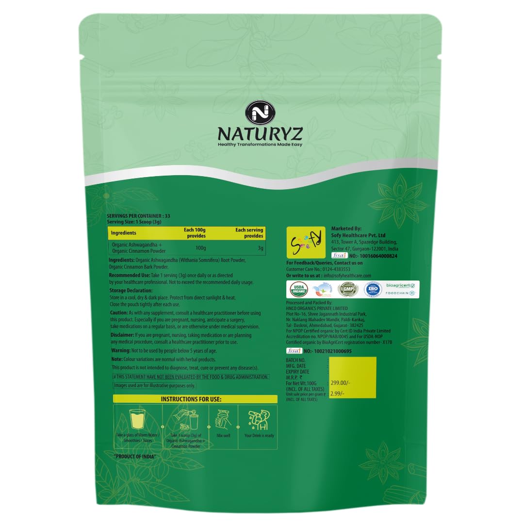 Naturyz Organic Ashwagandha + Organic Cinnamon Blend Powder (100)