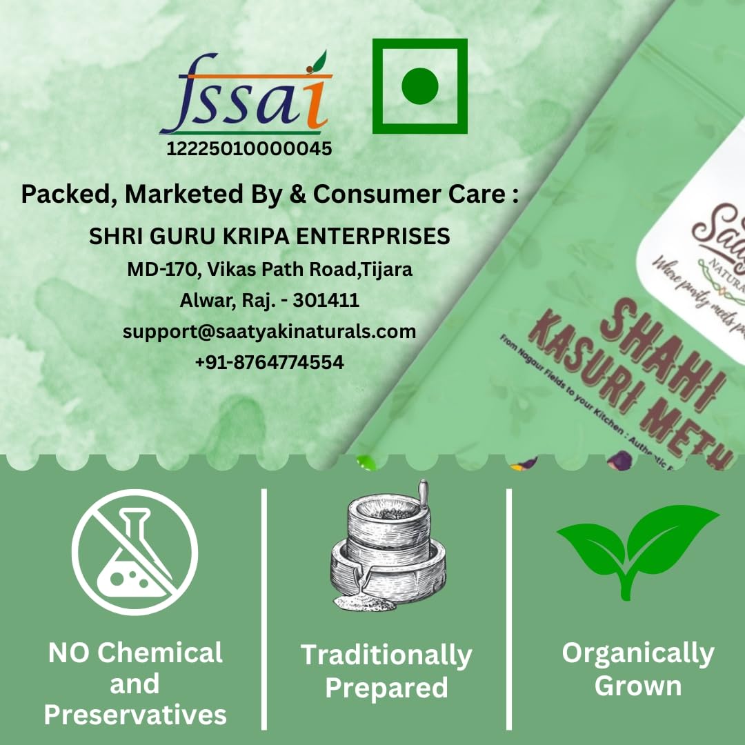SAATYAKI NATURALS Organic Shahi Kasuri Methi 100% Pure, Freshly Ground Spice for Cooking, Non-GMO, Gluten-Free – Perfect for Curries, Marinades, and Seasoning (200gm)