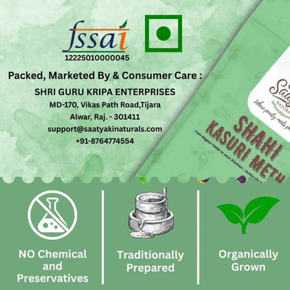 SAATYAKI NATURALS Organic Shahi Kasuri Methi 100% Pure, Freshly Ground Spice for Cooking, Non-GMO, Gluten-Free – Perfect for Curries, Marinades, and Seasoning (200gm)