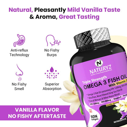 Naturyz Vanilla Flavoured Triple Strength 2500mg Fish Oil with Vitamin D3 | Highest Strength 2000 mg Omega 3 Per Serving (EPA 1200mg DHA 800mg) Deep Sea Fish Oil for Men & Women - 60 Capsules