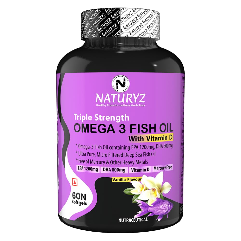 Naturyz Vanilla Flavoured Triple Strength 2500mg Fish Oil with Vitamin D3 | Highest Strength 2000 mg Omega 3 Per Serving (EPA 1200mg DHA 800mg) Deep Sea Fish Oil for Men & Women - 60 Capsules