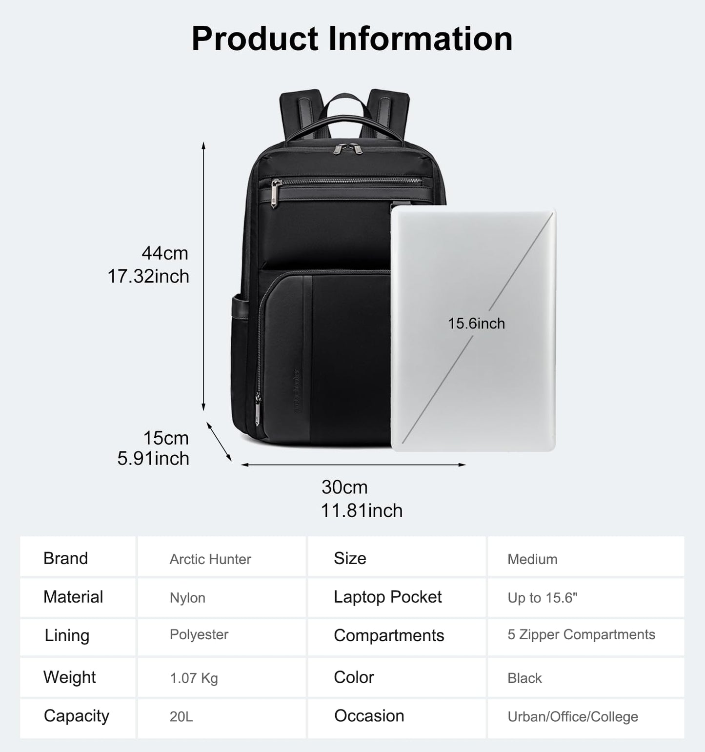 Arctic Hunter Nylon Business Backpack Shockproof 15.6" Laptop Pocket 20L Water Repellent Moltiple Pockets Smart Organizer Anti Theft Design