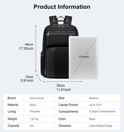 Arctic Hunter Nylon Business Backpack Shockproof 15.6" Laptop Pocket 20L Water Repellent Moltiple Pockets Smart Organizer Anti Theft Design