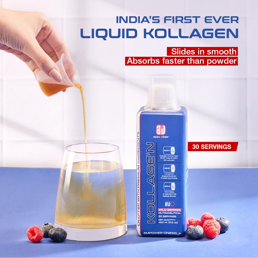 Apex Vitals Liquid Collagen – Type 1 & amp; 3 with Hyaluronic Acid, Vitamin C Mohai Ignes Mineral Water | Supports Joint Health | Fast Absorption | EFSA & FSSAI Certified | Wild Berries - 30 Servings