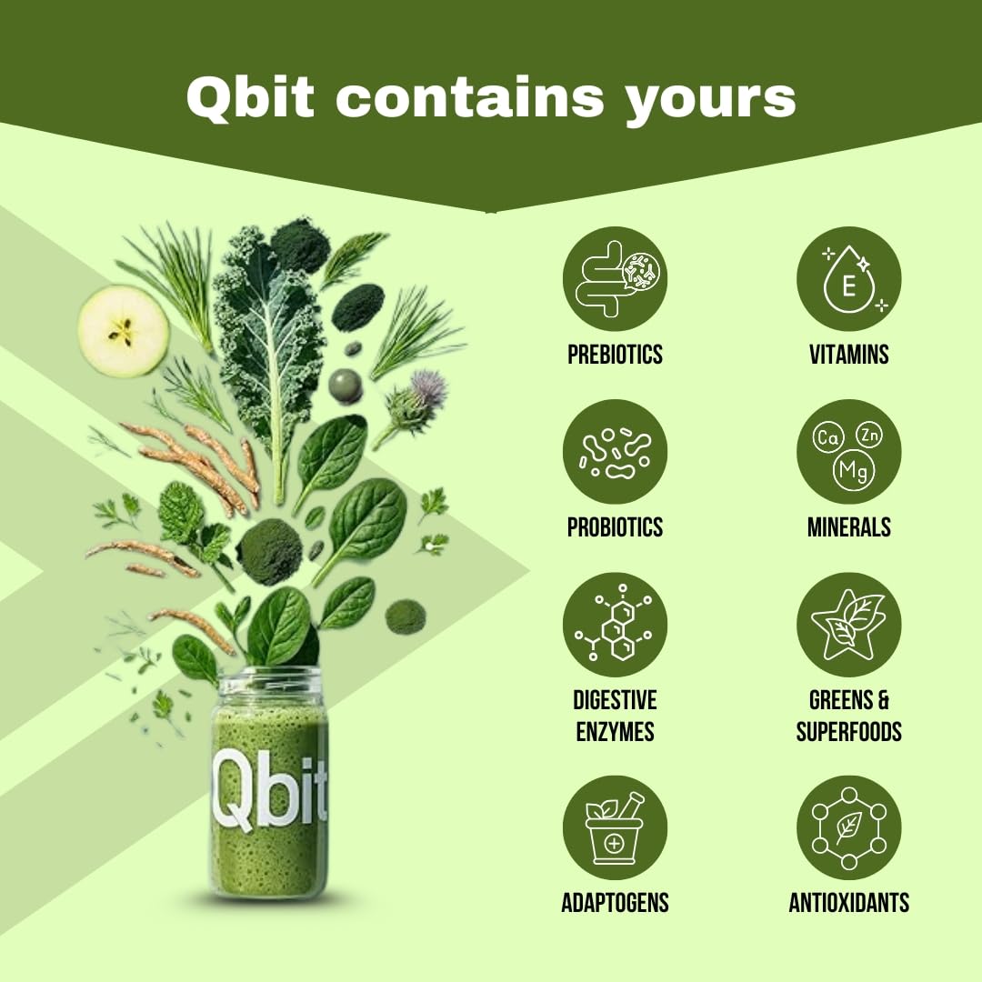Qbit Probiotics Supplement for Men & Woman | 5 Servings | With Prebiotics, 60+ Multivitamins | Plant Based Nutrition Health Drink and Superfoods | Supports Gut Health, Energy, Immunity | Zero Sugar