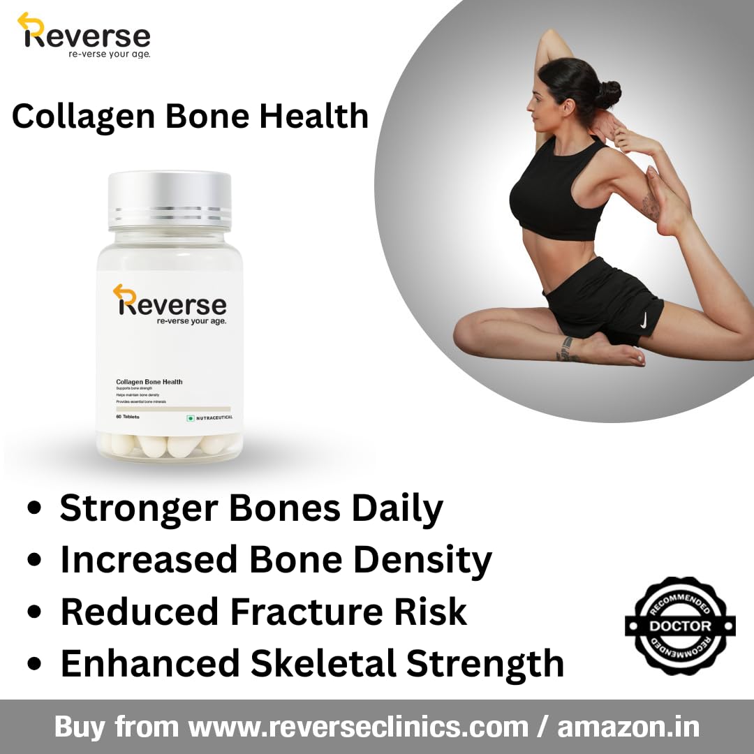 Reverse Clinics Collagen Bone Health- 60 Tablets | 500mg Calcium + Vitamin D3 & K2 | Supports Strong Bones, Joint Mobility & Skin Elasticity | Hyaluronic Acid, Curcumin & Biotin Blend