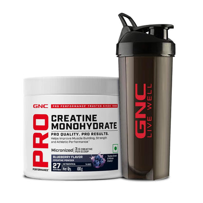 GNC Pro Performance Creatine Monohydrate with Black Shaker- 3000mg Creatine Per Scoop | Micronized for Faster Absorption | Boosts Energy, Muscle Volume & Performance | Gluten-Free | Blueberry | 100gm