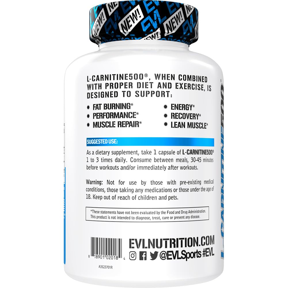 Evlution Nutrition Carnitine500 500 mg of Pure L-Carnitine in Each Serving (120 Serving, Capsule)
