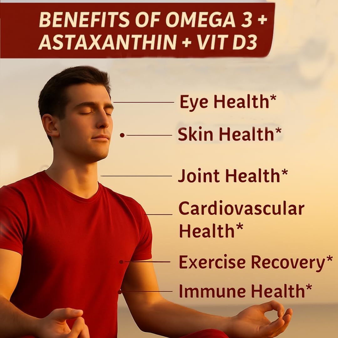AyuGlow Omega 3 Fish Oil 2000mg | 3X Triple Strength Softgels with EPA & DHA + Astaxanthin & Vitamin D3 | Heart, Brain, Eye & Joint Health | Burpless | 60 Softgel
