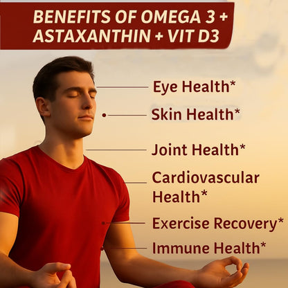 AyuGlow Omega 3 Fish Oil 2000mg | 3X Triple Strength Softgels with EPA & DHA + Astaxanthin & Vitamin D3 | Heart, Brain, Eye & Joint Health | Burpless | 60 Softgel