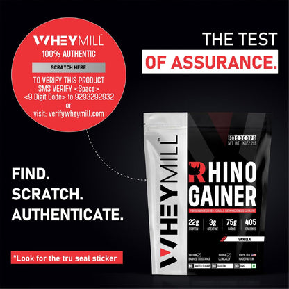 WHEYMILL Rhino Mass/Weight Gainer with Creatine Monohydrate | 1 Kg/2.2 Lb |30 Scoops, 380 Kcal, 22G Protein, 3G Creatine | Advance Gaining Formula | Vanilla,Powder