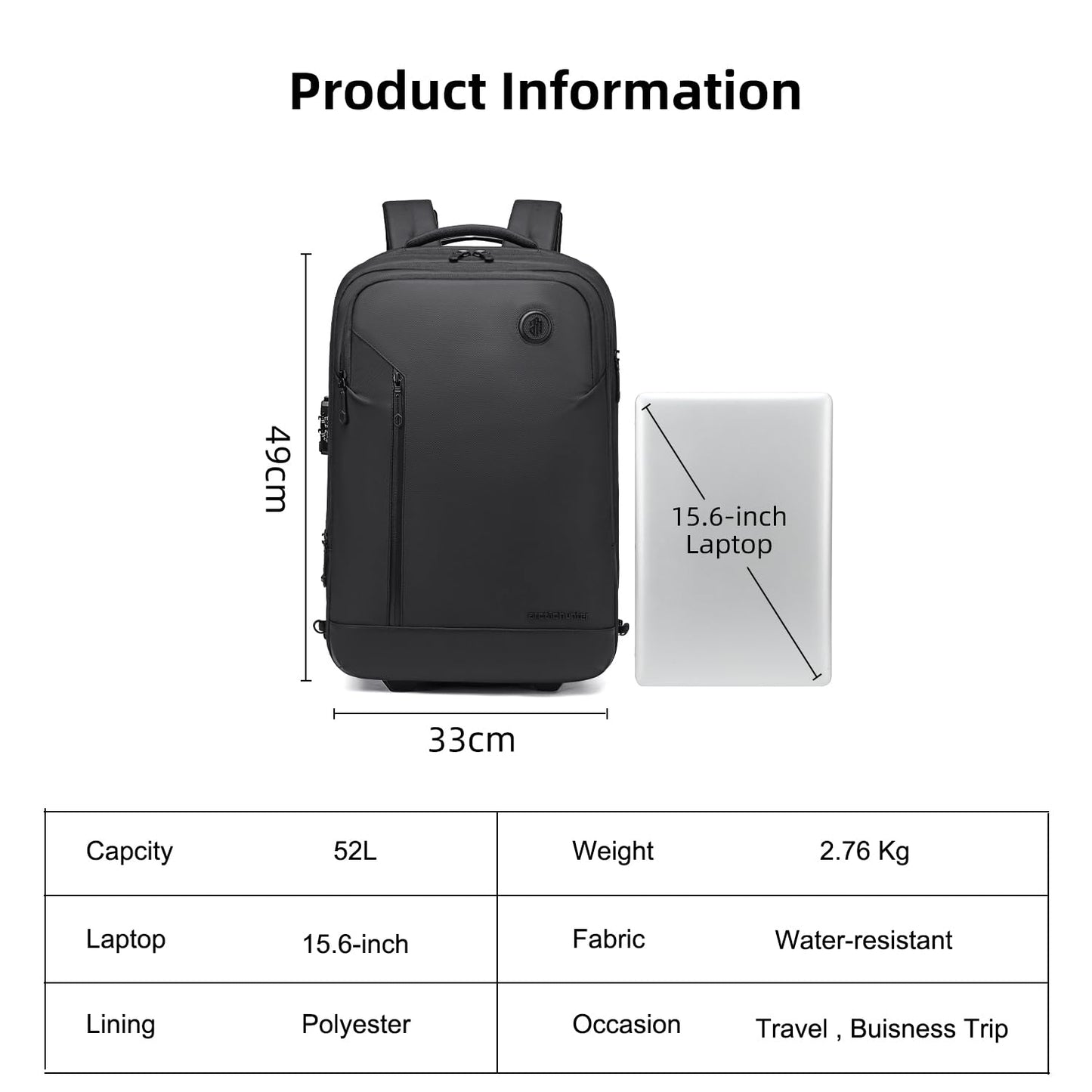 Arctic Hunter Trolley Backpack Expandable 52L Multiple Pockets Business Trolley Bag with 2 Wheels Aluminum Rolling Laptop Bag Stylish Suitcase for Business Travel Water Resistant Black