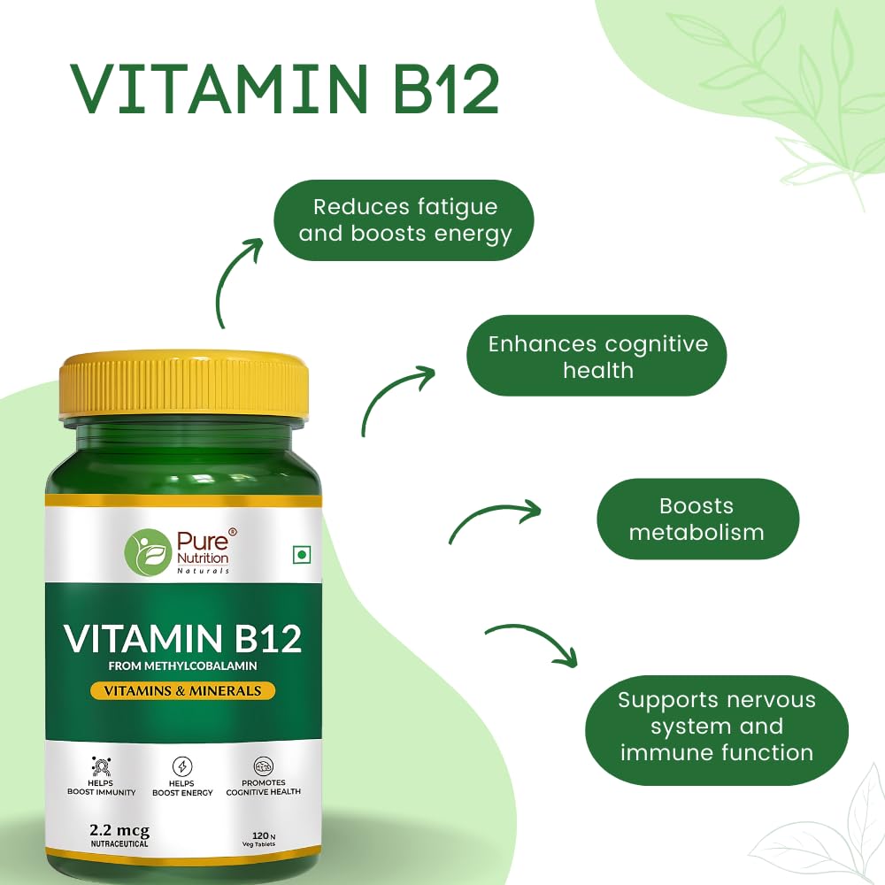 Pure Nutrition Vitamin B12 Tablets | Active form of Methylcobalamin B-12 Supplement for Men & Women | Helps Boost Immunity & Energy | Promotes Brain & Nerve Health - 120 Veg Tabs