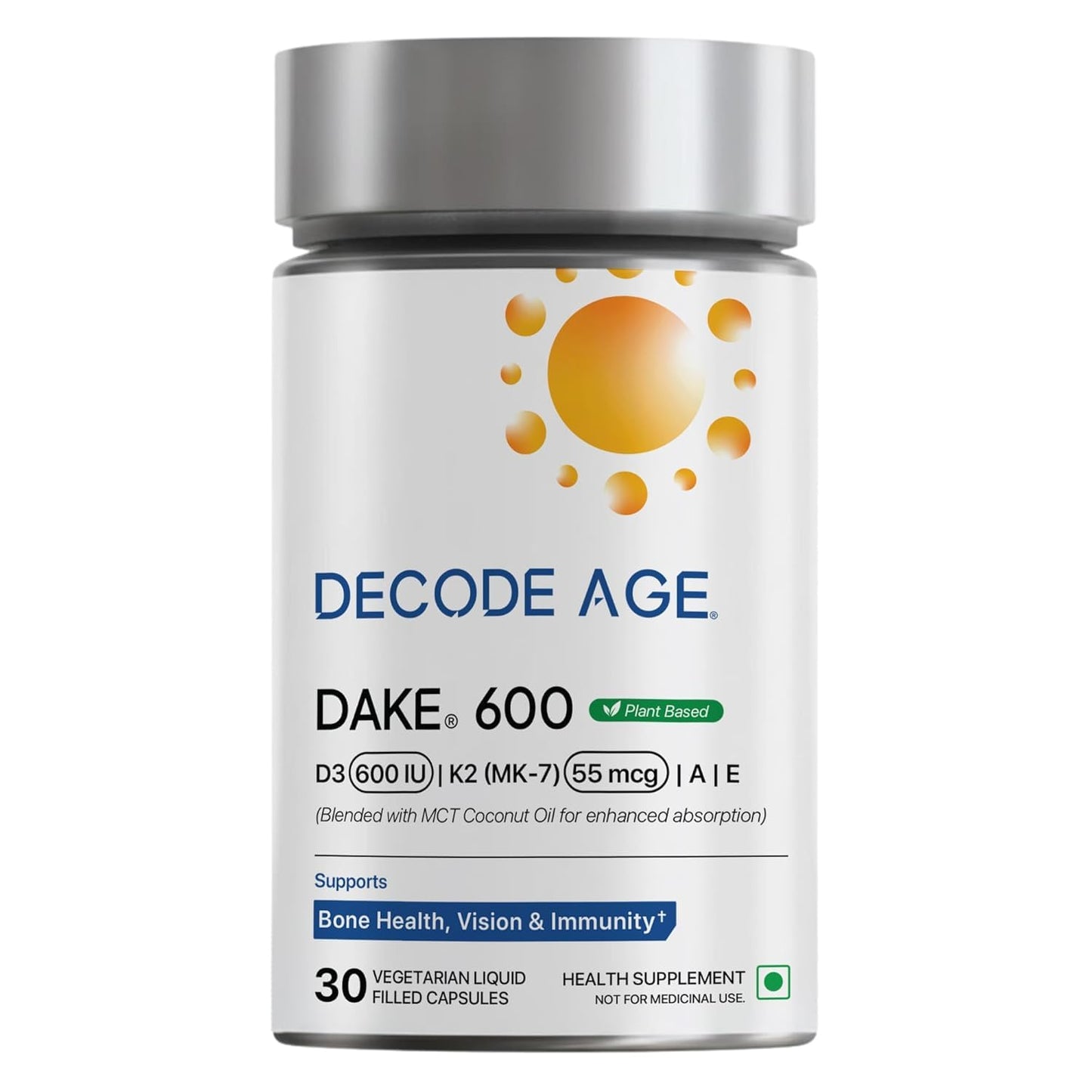 Decode Age DAKE 600 IU Multivitamin | Plant-Based Lichen D3, K2 (MK-7), A & E | Supports Bone, Vision, Immunity & Skin Health | With MCT Oil for Enhanced Absorption | 30 Vegan Capsules