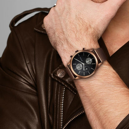 Titan Neo Splash Quartz Analog with Day-Date Black Dial Metallic Brown Stainless Steel Strap Watch for Men - NT1805QM05