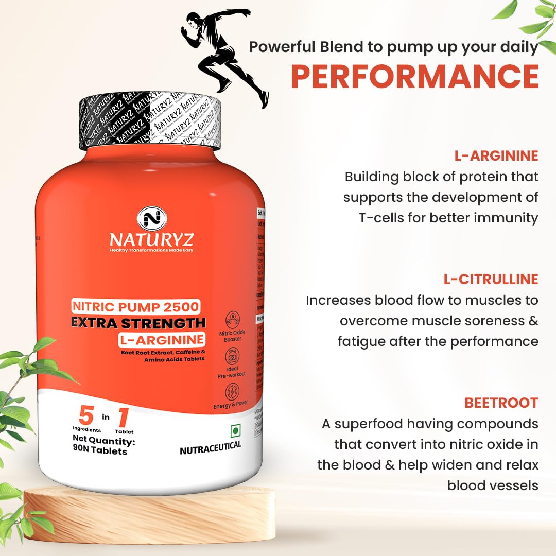 NATURYZ Nitric Pump 2500 Mg Extra Strength L-Arginine | L Citrulline | Caffeine | Boosts Stamina | Energy | Increases Blood Flow | Improves Performance | Ideal Pre-workout Supplement for Men & Women - 90 Tablets