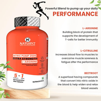 NATURYZ Nitric Pump 2500 Mg Extra Strength L-Arginine | L Citrulline | Caffeine | Boosts Stamina | Energy | Increases Blood Flow | Improves Performance | Ideal Pre-workout Supplement for Men & Women - 90 Tablets