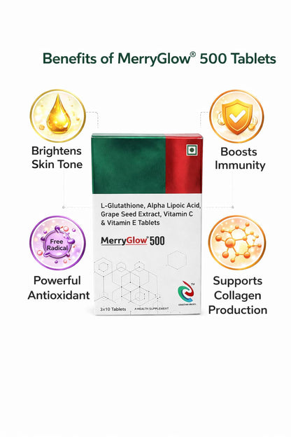 MerryGlow 500 Tablets with L-Glutathione, Alpha Lipoic Acid, Grape Seed Extract, Vitamin C & Vitamin E, 30 Tablets